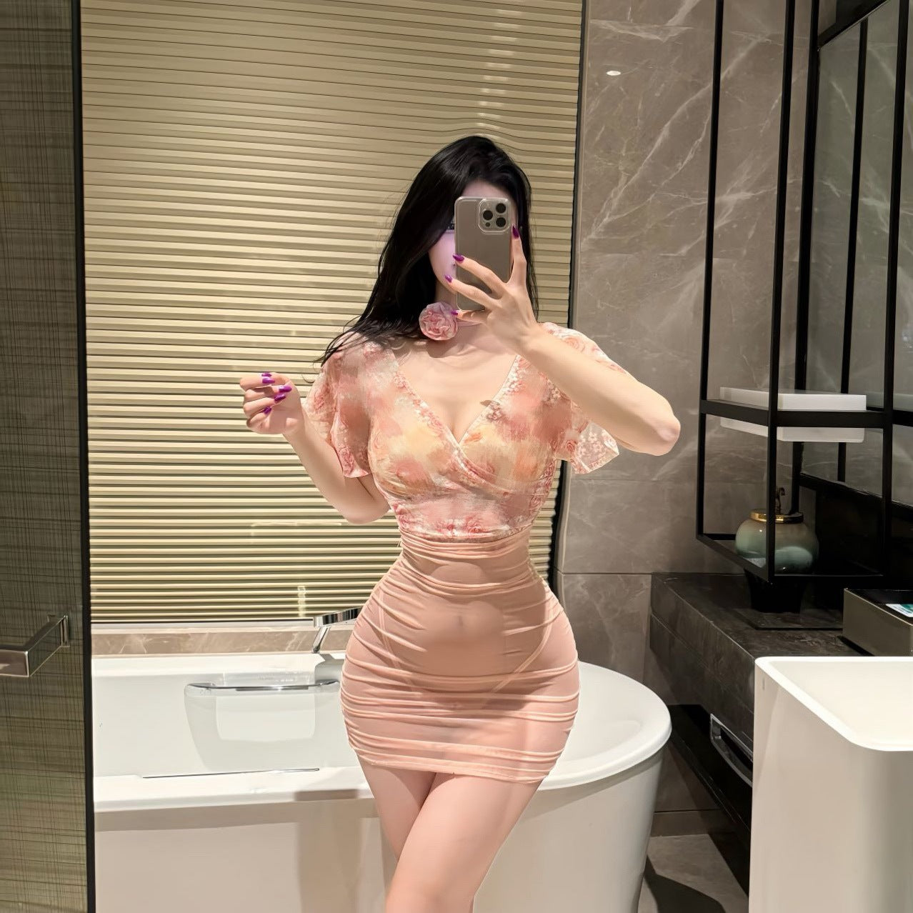 Image of Ji Feiman sexy lingerie sexy see-through deep V floral rose gauze high waist hip skirt uniform set qqny